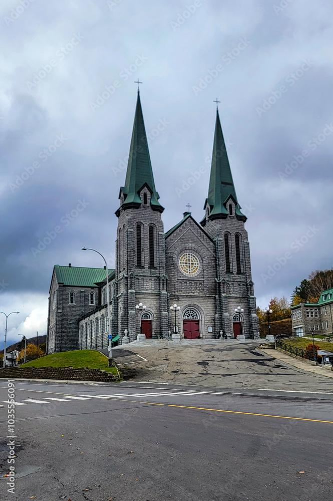 Obraz premium Gothic old cathedral architecture in Canada before gray sky
