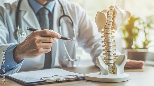 A doctor demonstrating a spine model in an educational setting, focusing on anatomy and health. photo