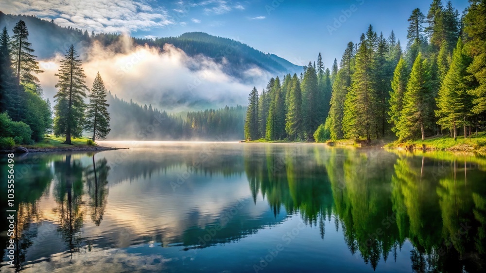 Fototapeta premium A serene mountain lake surrounded by tall trees and a misty morning atmosphere, scenery, tranquility, morning