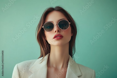 Wallpaper Mural Stylish Woman in Sunglasses Against Mint Background Torontodigital.ca