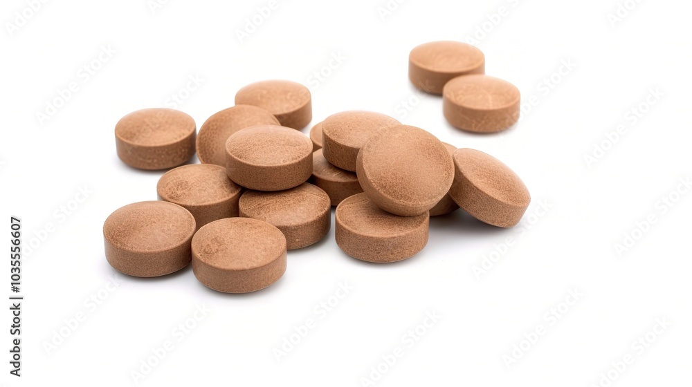 Brown herbal pill tablet on white background - a natural remedy in a simple yet striking presentation Brown herbal pill tablet on white background - a natural remedy in a simple yet striking presentation