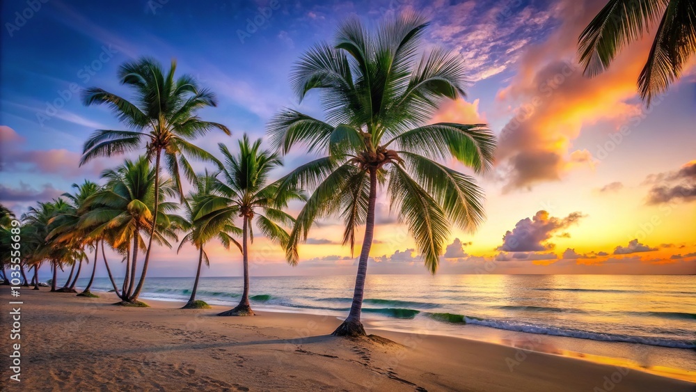 A serene beach scene with palm trees swaying in the breeze at dawn, palm tree, sky, sunrise A serene beach scene with palm trees swaying in the breeze at dawn, palm tree, sky, sunrise