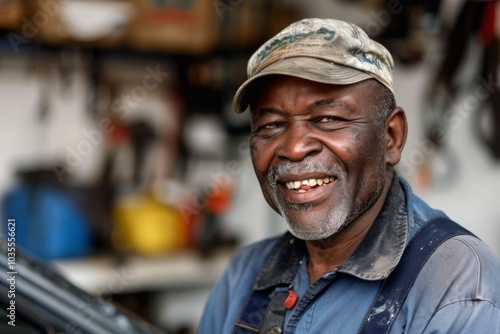 Portrait of a smiling middle aged African American car mechanic