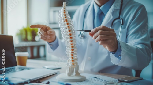 A doctor explaining spine anatomy using a model during a consultation in a modern office.