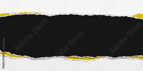 Black, yellow piece of paper with torn edges and soft shadow are on transparent background for text or ad.