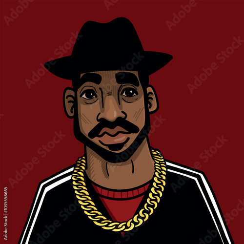 Vector drawing of a hip-hop rapper with a hat and gold chain in front of a red background. Perfect for urban art, music, fashion, album covers and streetwear designs. Retro style with vibrant colors f
