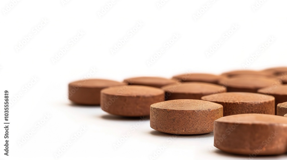 Brown herbal pill tablet on white background - a natural remedy in a simple yet striking presentation Brown herbal pill tablet on white background - a natural remedy in a simple yet striking presentation