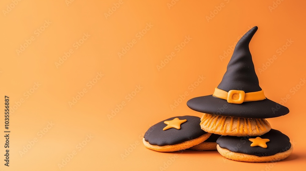 Fototapeta premium Halloween-themed cookies featuring a witch's hat and star decorations on an orange background.