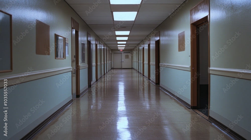Empty hospital corridor and office layout, no people Empty hospital corridor and office layout, no people