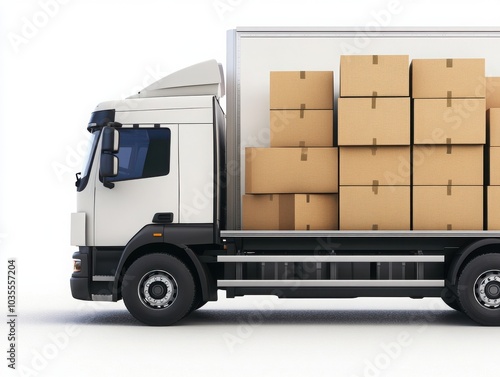 A delivery truck transporting stacked cardboard boxes ready for shipment. Ideal for logistics and transportation themes.