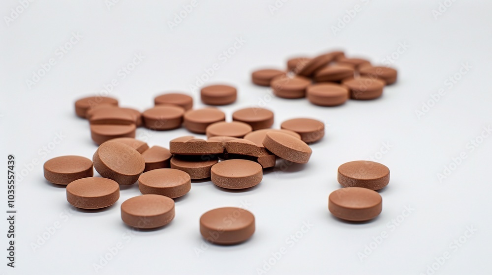 Brown herbal pill tablet on white background - a natural remedy in a simple yet striking presentation Brown herbal pill tablet on white background - a natural remedy in a simple yet striking presentation