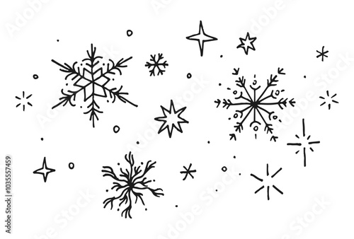 Hand drawn snowflakes, dots and stars. Doodle pen drawing sketch for winter design, posters, Christmas, New Year, greeting cards. Vector isolated