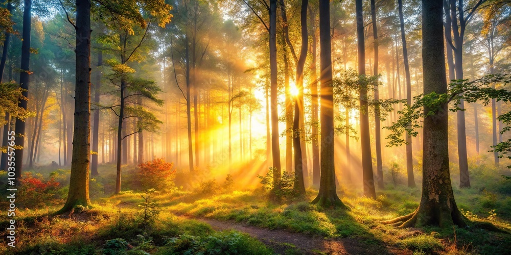 A misty forest is set ablaze with the vibrant colors of a sunrise as rays of golden light filter through the trees, color palette, forest, dawn light A misty forest is set ablaze with the vibrant colors of a sunrise as rays of golden light filter through the trees, color palette, forest, dawn light