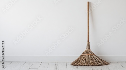 witch broom, brush against minimalistic background photo