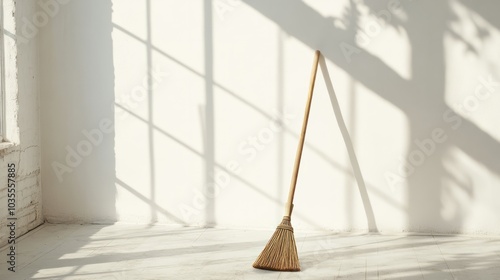 witch broom, brush against minimalistic background photo