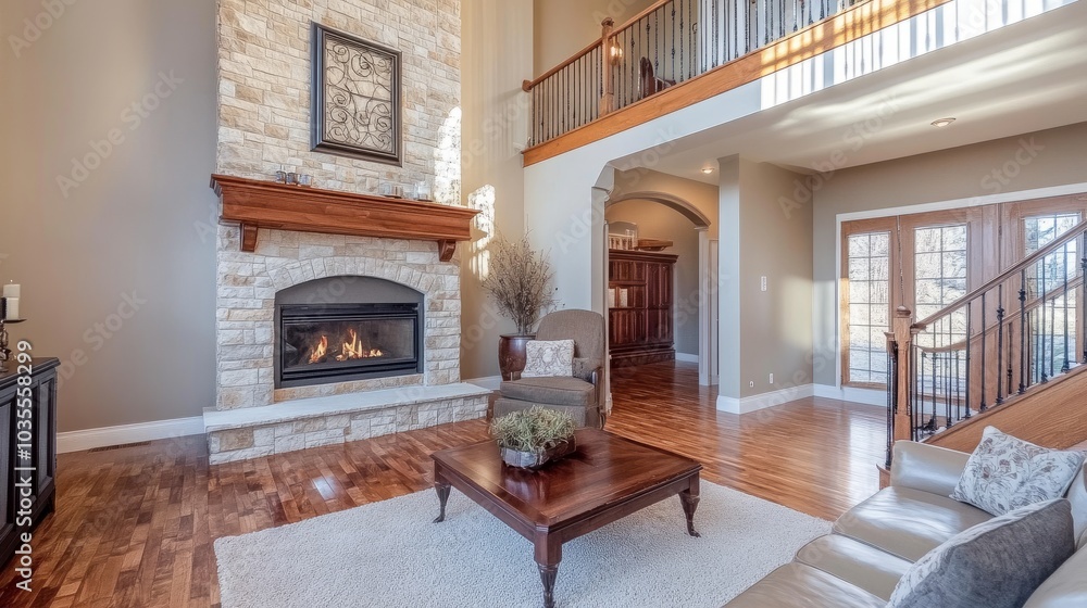 Elegant living room with a stone fireplace, stylish wooden mantel, and a staircase blending into wooden floors.