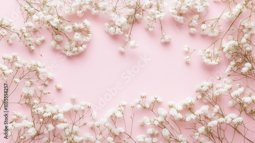 Colorful Gipsophila flowers on marble backdrop with room for text Floral display