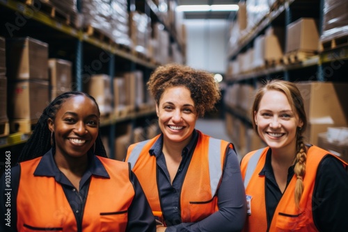 Smiling portrait of a diverse group of female warehouse workers