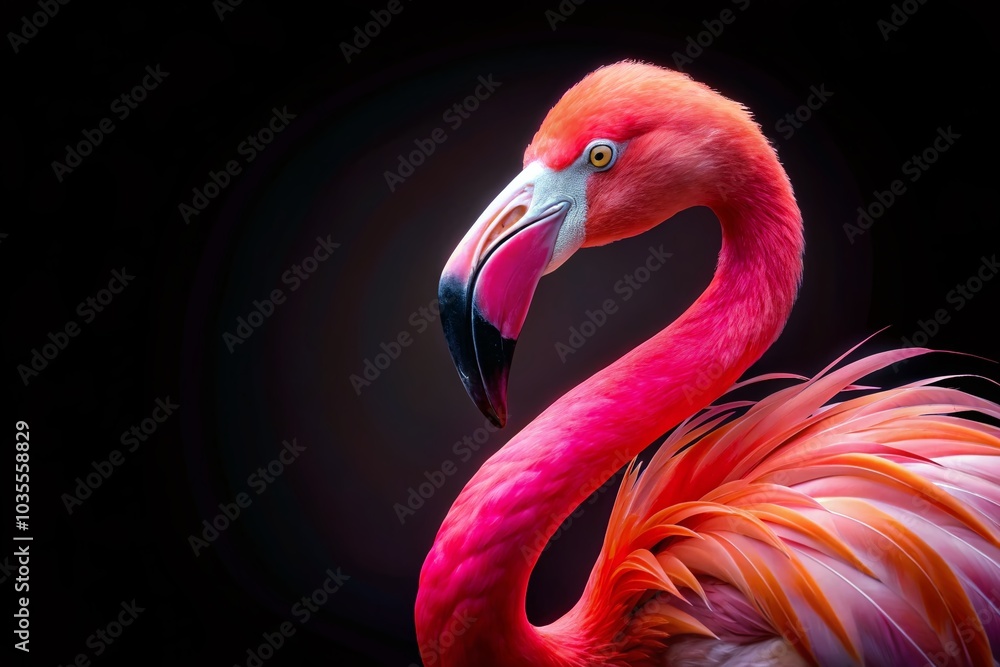 Obraz premium Stunning Flamingo Bird on Isolated Black Background with Copy Space for Creative Projects