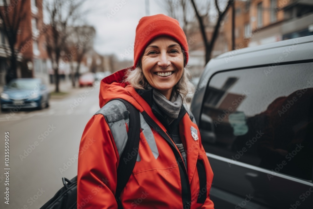 Portrait of a smiling middle aged female delivery worker Portrait of a smiling middle aged female delivery worker