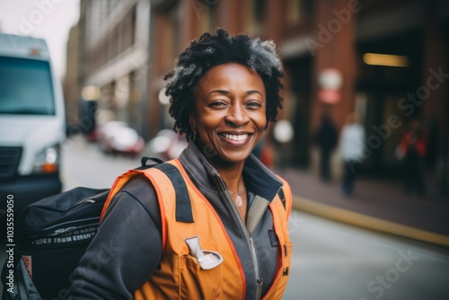 Portrait of a smiling middle aged female delivery worker