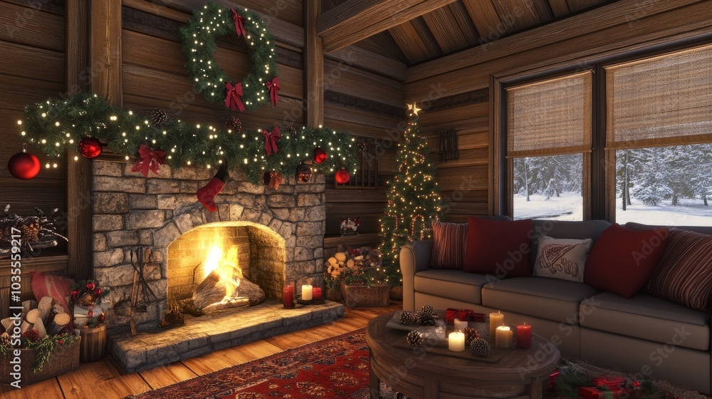 Inviting cabin living room with a roaring fire, garlands, and festive ornaments on the fireplace mantel. Inviting cabin living room with a roaring fire, garlands, and festive ornaments on the fireplace mantel.