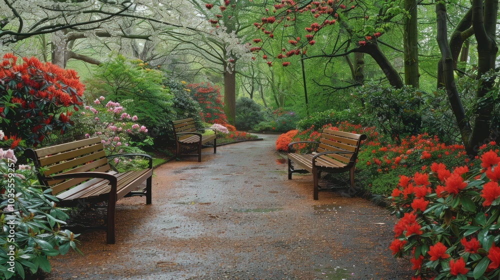 Serene Garden Path with Benches Amidst Blooming Azaleas Serene Garden Path with Benches Amidst Blooming Azaleas