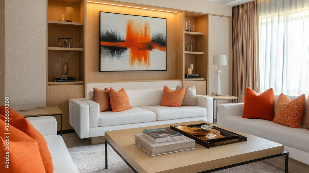 Fototapeta premium A modern living room with a white sofa light wood paneling on the walls