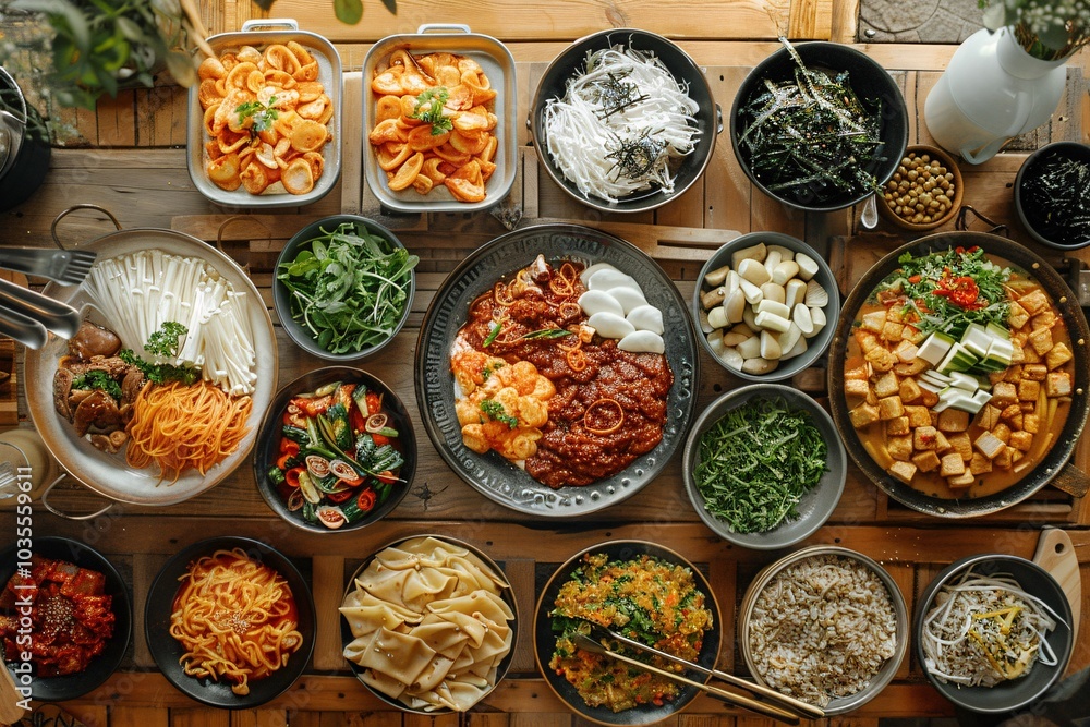 Fototapeta premium A colorful assortment of various Asian dishes is beautifully arranged on a wooden table, showcasing noodles, vegetables, and sauces. The meal highlights the diversity of flavors and textures