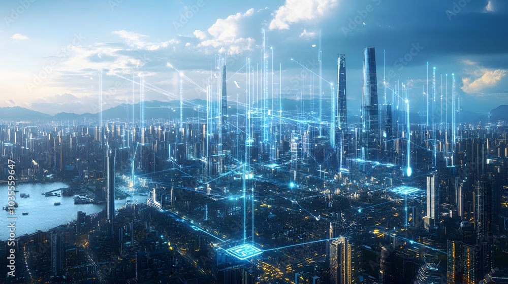 Fototapeta premium Wireless network and connection city. 