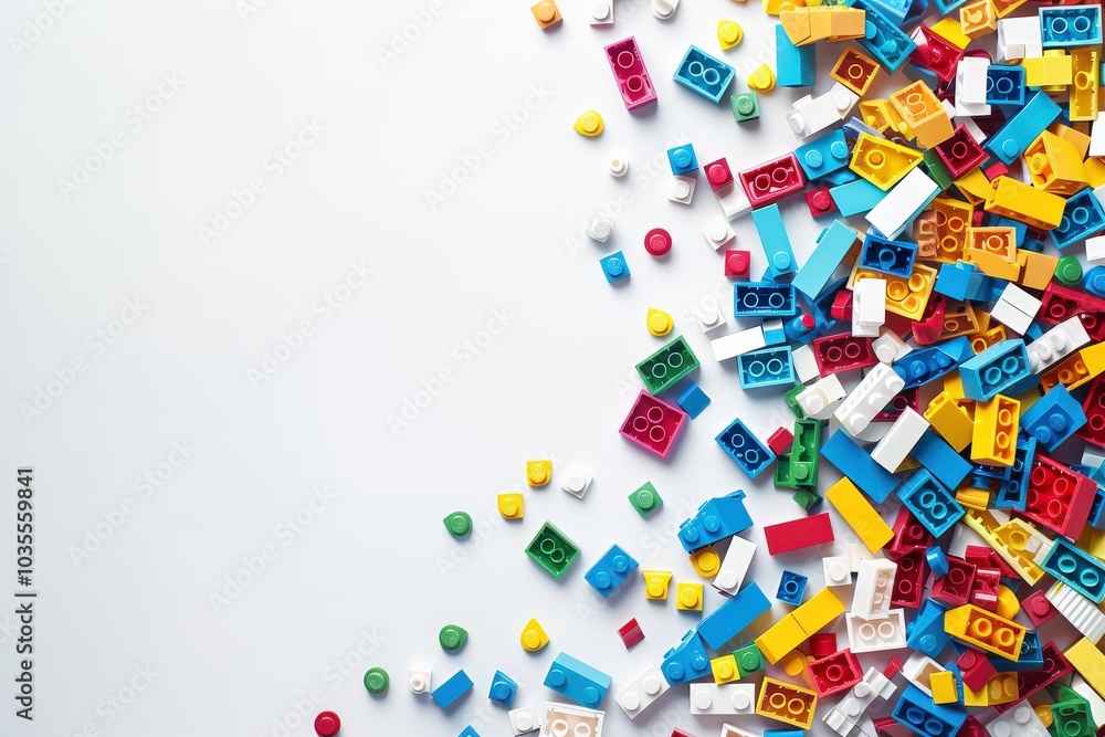 Colorful Plastic Building Blocks Scattered on a White Background Colorful Plastic Building Blocks Scattered on a White Background