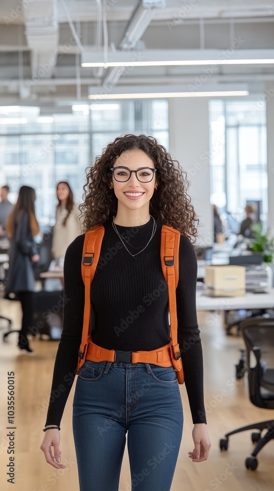 A young woman with curly hair and glasses smiles warmly in casual attire while enjoying time outdoors with friends during a school break A young woman with curly hair and glasses smiles warmly in casual attire while enjoying time outdoors with friends during a school break