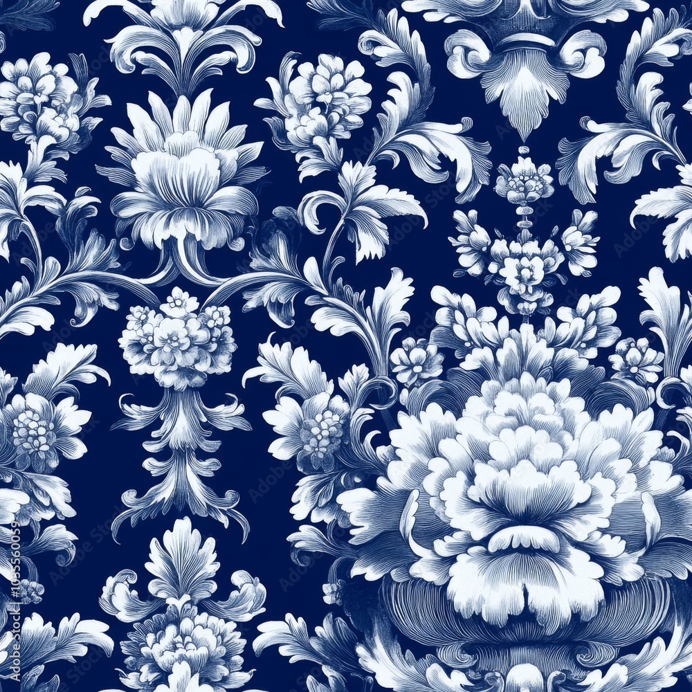 Classic Blue and White Floral Damask Pattern Evokes Timeless Elegance. Classic Blue and White Floral Damask Pattern Evokes Timeless Elegance.