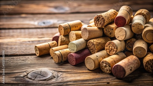 A collection of wine corks stacked on a wooden table with varying sizes and shapes, rustic accessories, textured surfaces, wine cellar decor