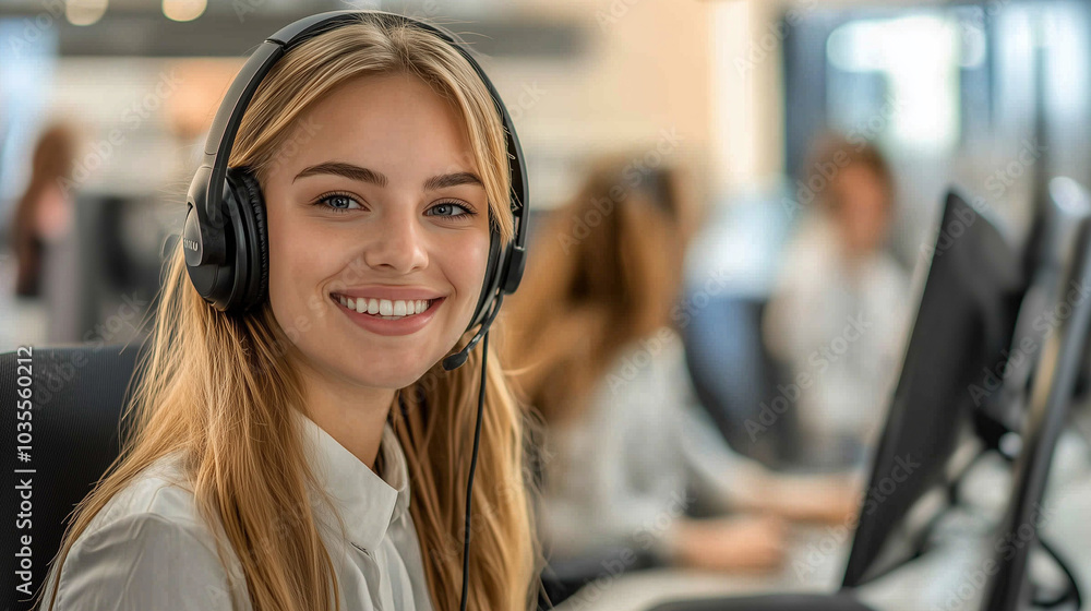 Smiling woman wearing a headset in an office