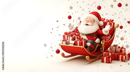 Santa Claus sitting in a sleigh full of gifts on solid white background, single object
