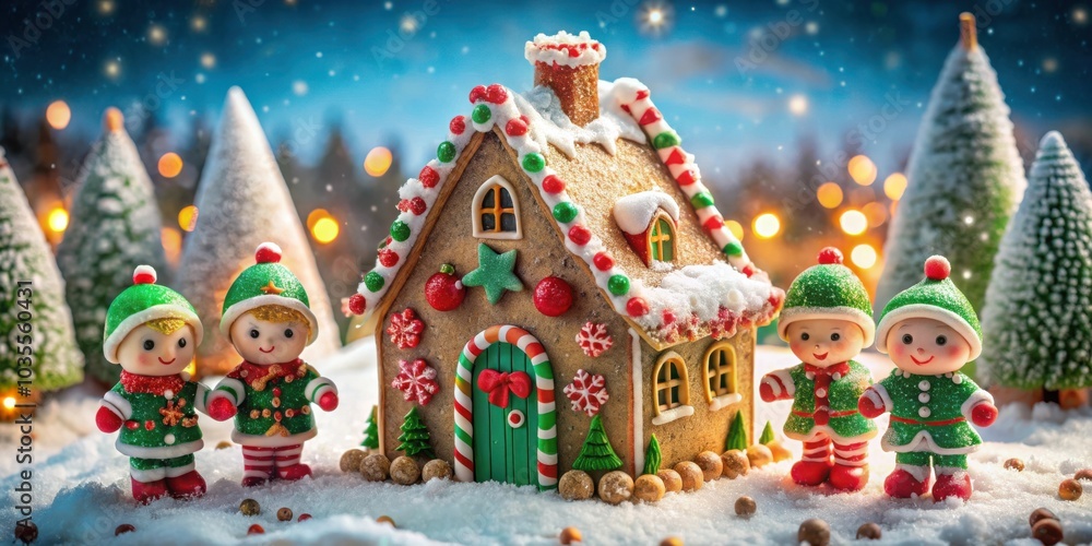 A Festive Gingerbread House Adorned with Candy and Standing Amidst Snow-Covered Trees, Featuring Three Smiling Figurines in Green Hats and Red Boots A Festive Gingerbread House Adorned with Candy and Standing Amidst Snow-Covered Trees, Featuring Three Smiling Figurines in Green Hats and Red Boots