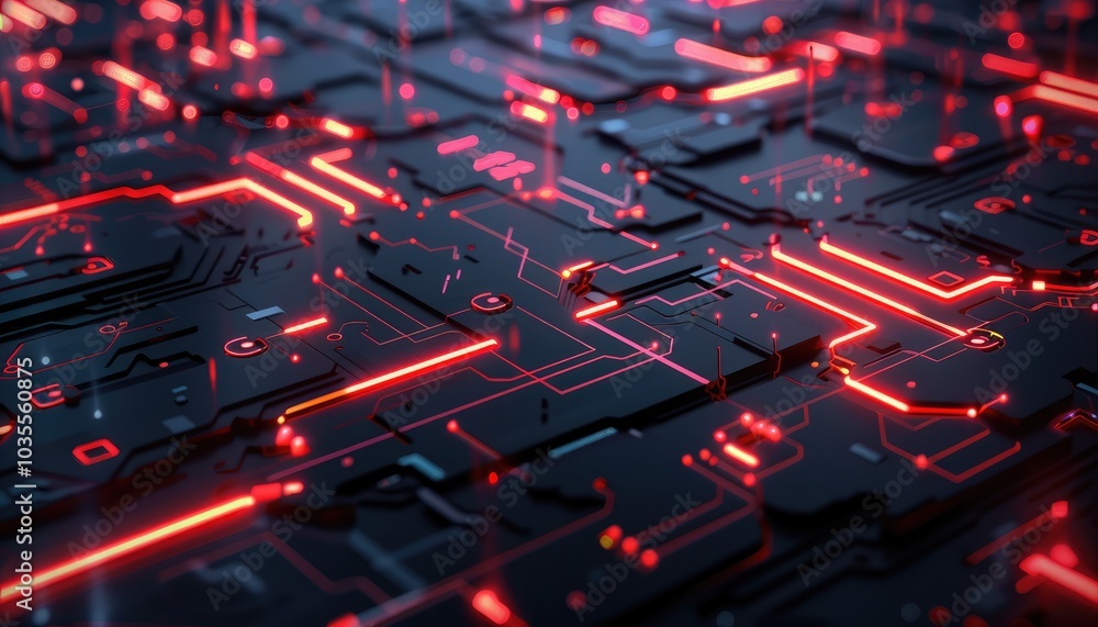 Abstract Circuit Board with Glowing Red Lines Abstract Circuit Board with Glowing Red Lines