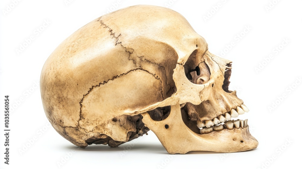 A side profile of the human skull, with detailed labeling of the cranial bones, jaw, and teeth, isolated on a white background A side profile of the human skull, with detailed labeling of the cranial bones, jaw, and teeth, isolated on a white background