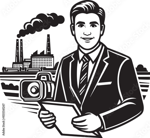 A news reporter broadcasts the latest news. This vintage style illustration features a news reporter and a camera.  Ideal for websites and print media.