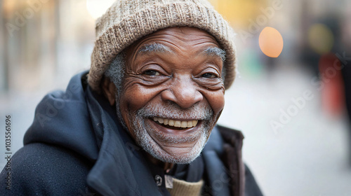 A candid street portrait of an elderly person smiling, capturing the warmth of their personality.