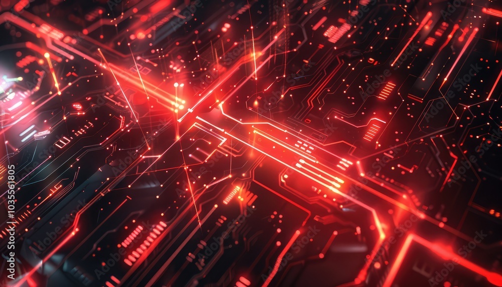 Glowing Red Circuit Board with Detailed Lines and Connections Glowing Red Circuit Board with Detailed Lines and Connections