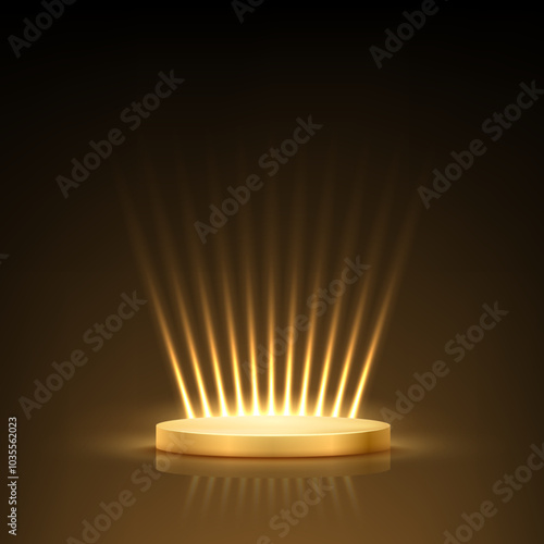 Gold award podium vector illustration. Abstract empty 3d golden stage with glowing light rays on black background. Luxury product presentation, glamour design for beauty industry, winner ceremony.