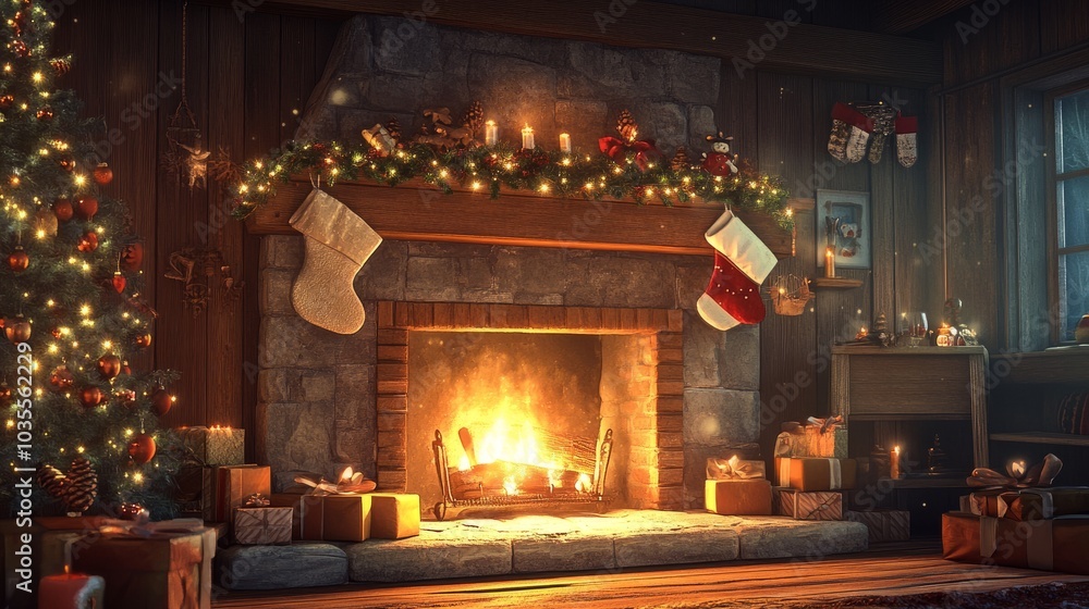 Rustic holiday scene with a decorated fireplace, wooden accents, and warm glowing lights Rustic holiday scene with a decorated fireplace, wooden accents, and warm glowing lights