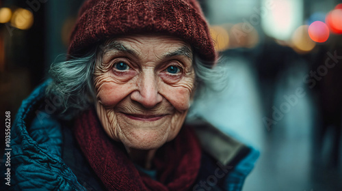A candid street portrait of an elderly person smiling, capturing the warmth of their personality.