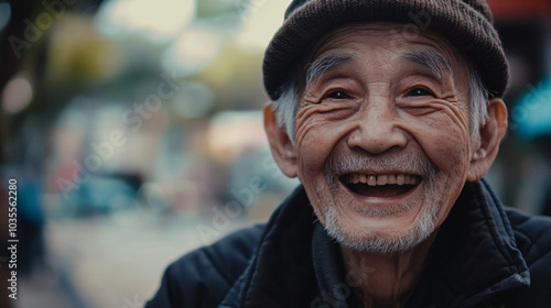 A candid street portrait of an elderly person smiling, capturing the warmth of their personality.