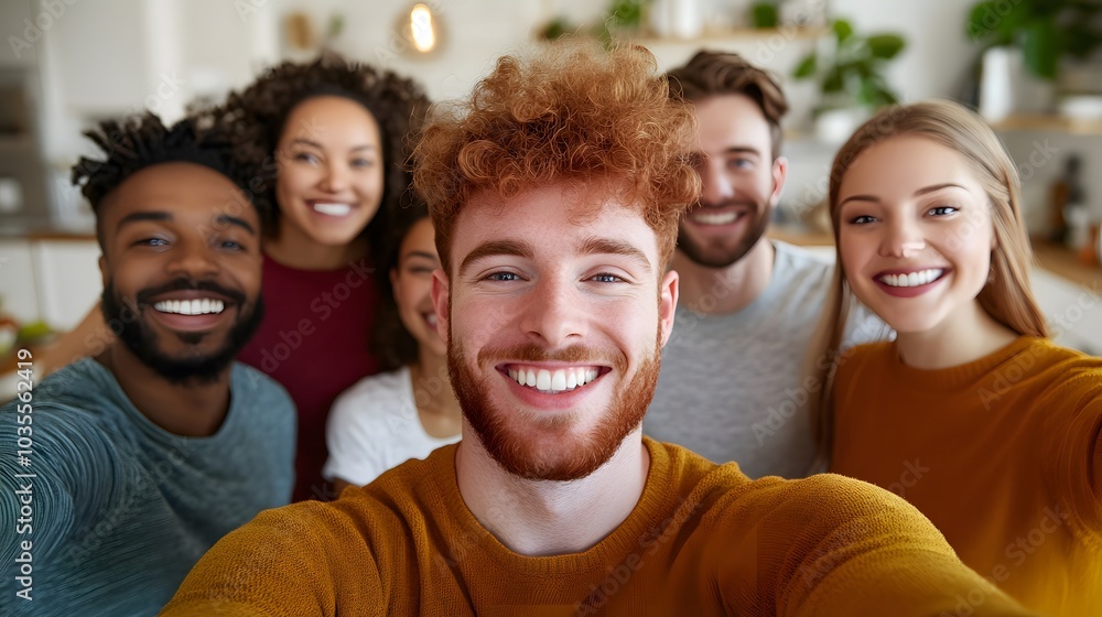 A cheerful group selfie featuring six friends with diverse hairstyles and colors, smiling in a cozy indoor setting. A cheerful group selfie featuring six friends with diverse hairstyles and colors, smiling in a cozy indoor setting.