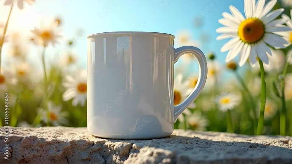 White Coffee Mug on Stone with Daisy Flowers and Sunbeams White Coffee Mug on Stone with Daisy Flowers and Sunbeams