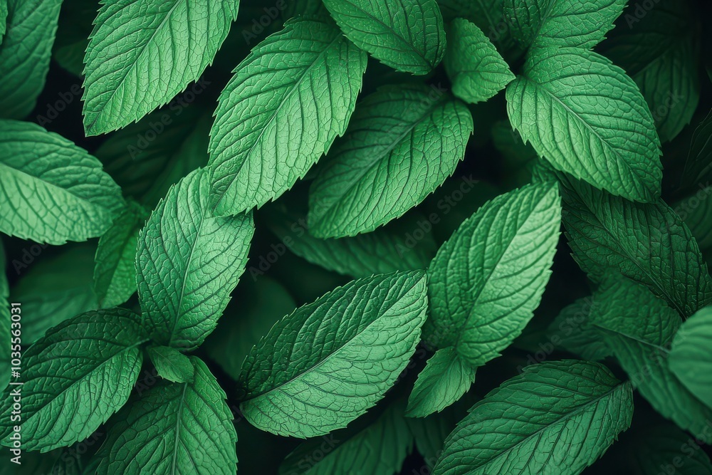 Lush green mint leaves a close-up view of nature's texture and beauty in a vibrant leafy arrangement Lush green mint leaves a close-up view of nature's texture and beauty in a vibrant leafy arrangement