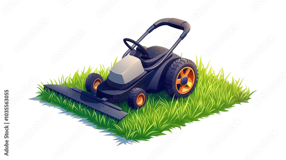 Fototapeta premium Lawn mower on lush green grass on white background, transparent background
